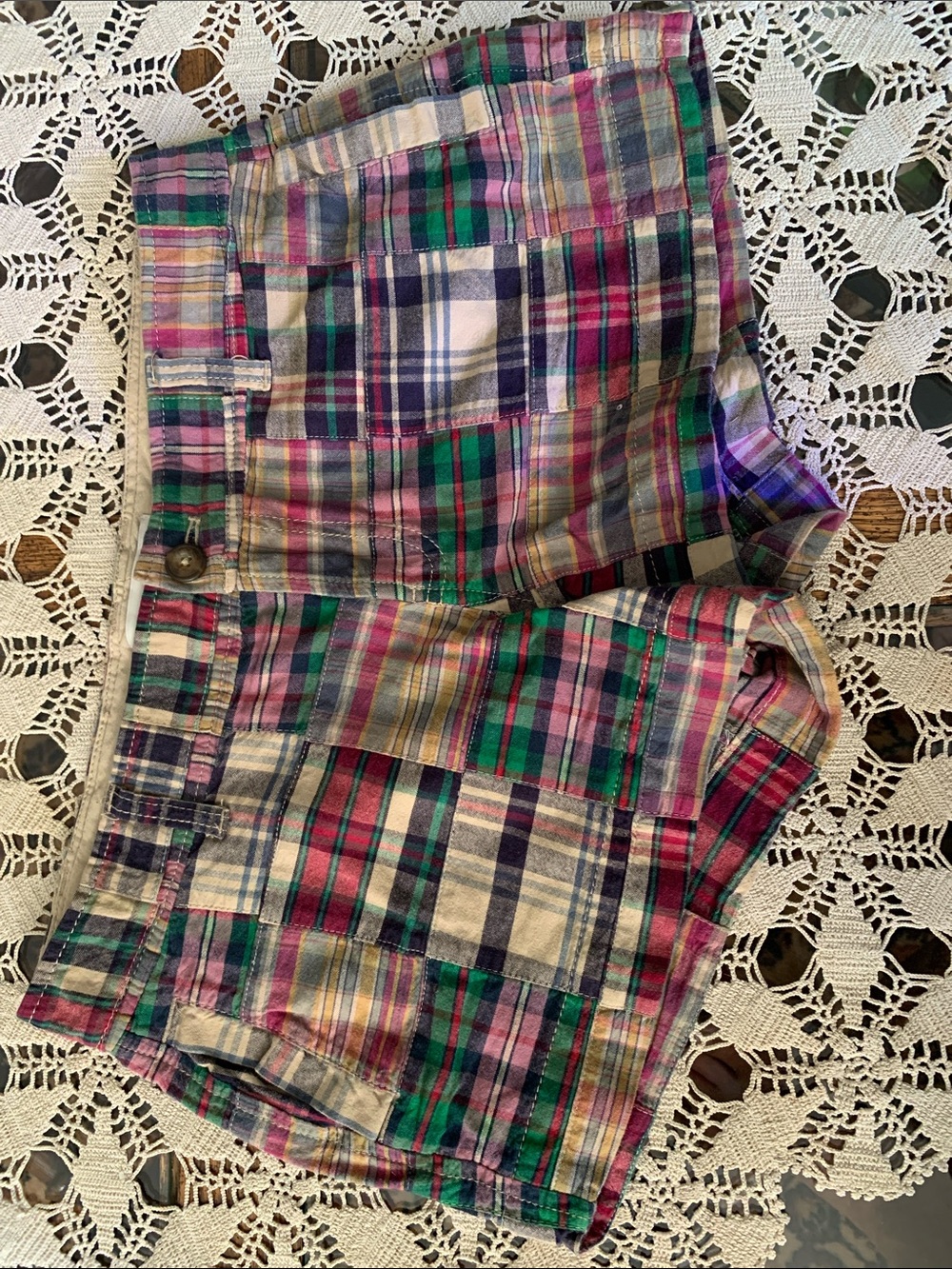 Old Navy Multicolor Plaid Jean Shorts - Pink Green Blue Cream